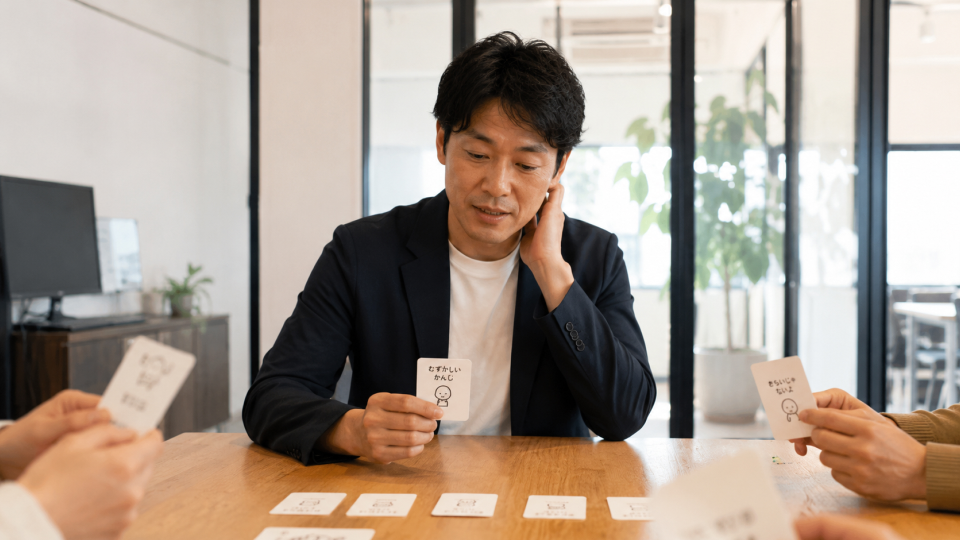窓辺で穏やかに話す人々